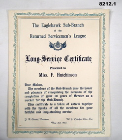 Certificate - LONG SERVICE, EAGLEHAWK RSL LADIES AUXILIARY, C. May 1960