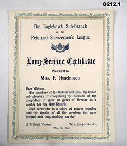 Certificate, Long service Eaglehawk RSL.