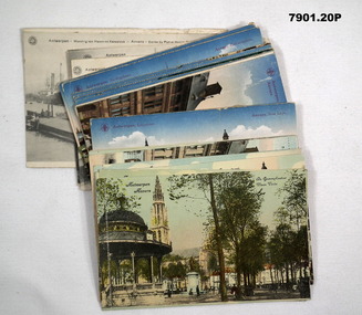 Collection of coloured and black and white postcard scenes of Antwerp, Belgium.