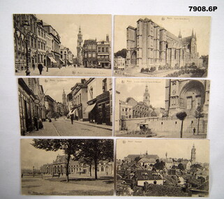 Collection of black and white postcard scenes of Mons, Belgium.