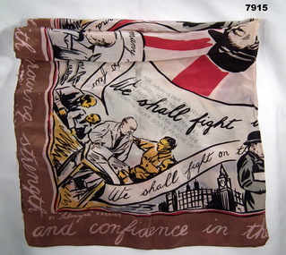 Souvenir scarf of various Churchill scenes.