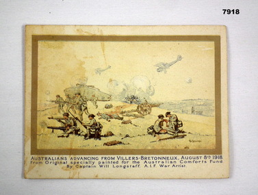 Colour illustrated folded card featuring battlefield scenes.