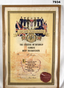 Framed Certificate from WW2 - issued by The City of Bendigo.