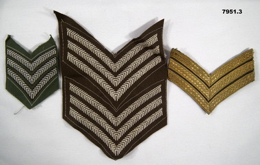 Three sets of Sergeants stripes for a shirt, battle dress and mess dress.