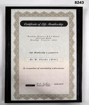 Life membership certificate of the BDSC Bowls