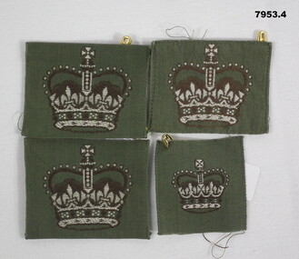 Four WO2 insignia featuring a Queen's Crown on a Khaki background.