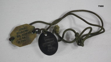 Two metal identity discs with attached green cord.