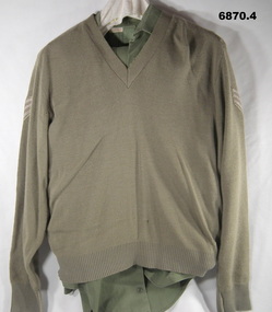 Greens, shirt and trousers, khaki jumper.