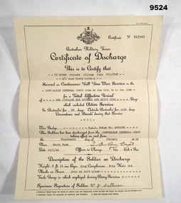 Australian Military Forces Certificate of Discharge.