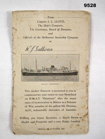 Souvenir card presented to WW2 servicemen.