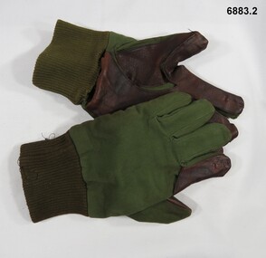 Green and brown cotton and leather gloves size 22C, left hand