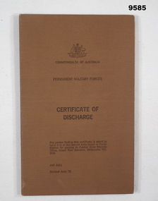 Certificate of Discharge in brown buckram folder.