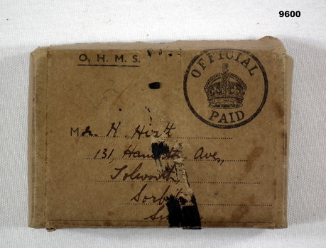 Cardboard Medal Box addressed to Mr H. Hirth.