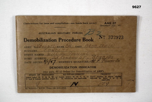 Demobilisation Procedure book for Corporal Fawcett.