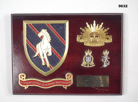 Rectangular wooden plaque with unit insignia.