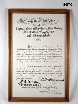 Framed copy of Surrender document WW2.