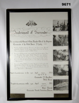 Framed copy of Surrender Document WW2.