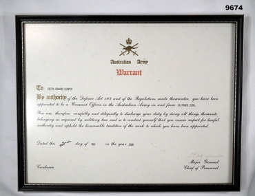 Framed Warrant Certificate recognising promotion to Warrant Officer.