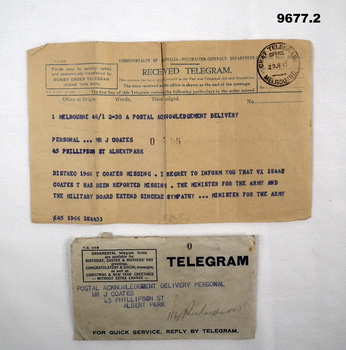 Telegram and envelope - "Missing in Action".