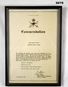 Framed Commendation Certificate issued to the team establishing Bandiana Logistics Group.