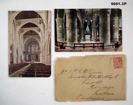 Two postcards and envelope sent home WW1.