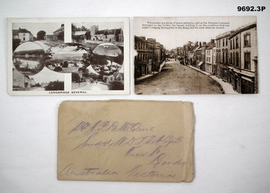 two postcards & envelope sent home WW1