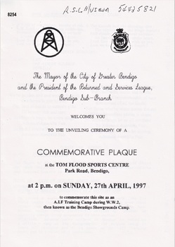 Pamphlet re the unveiling of a plaque in Bendigo.