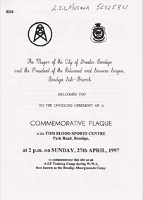 Pamphlet re the unveiling of a plaque in Bendigo.