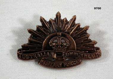 Bronze coloured Rising Sun collar badge.