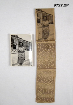 Black and white photograph of a lady in uniform and related newspaper item.