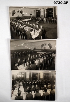 Three black and white photographs of women in uniform at a dinner..