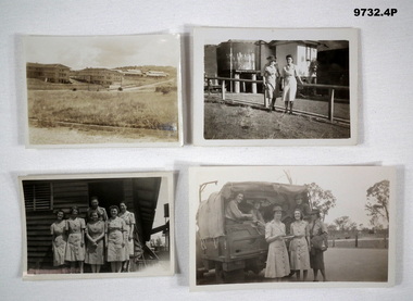 Four black and white photographs featuring buildings and groups of women in uniform.