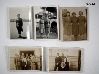 Five black and white photographs - four with women in uniform, one with men in uniform.