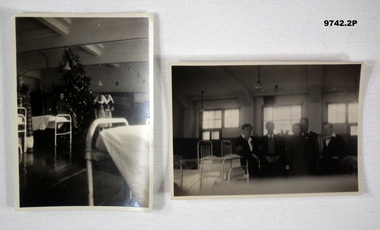 Two black and white photographs taken in a hospital ward.