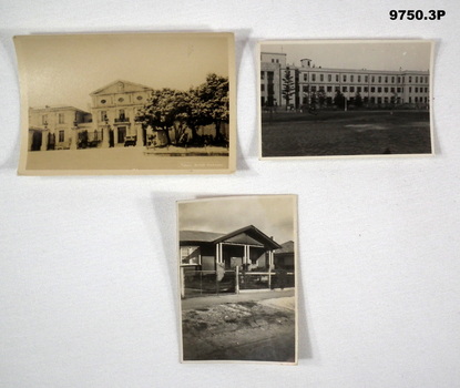 Three black and white photographs featuring buildings.