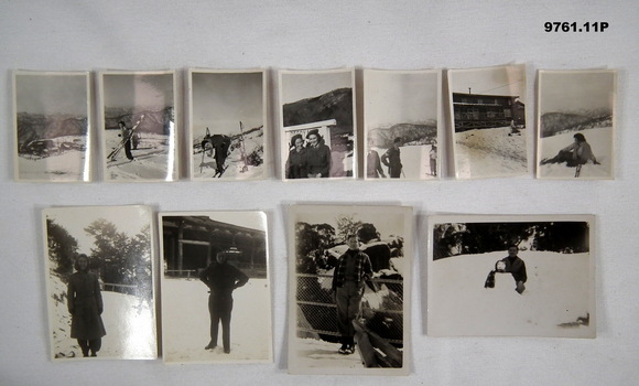 Series of black and white photographs of people on snowfields.