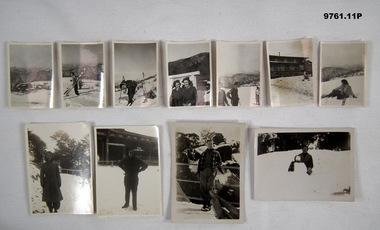 Series of black and white photographs of people on snowfields.