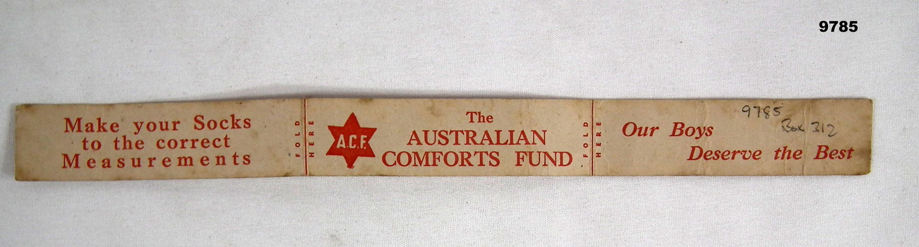 Australian Comforts cardboard sock measure.
