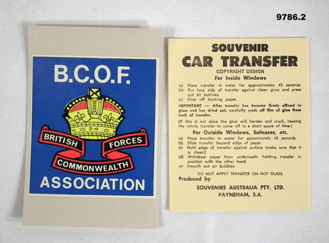 BCOF Association car sticker and application instructions.