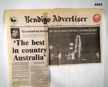 Newspaper - CENOTAPH DEDICATION 1988, Bendigo Advertiser, C. 22.4.1988