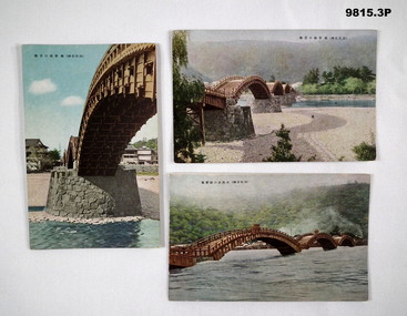 Series of three colour postcards featuring a bridge.