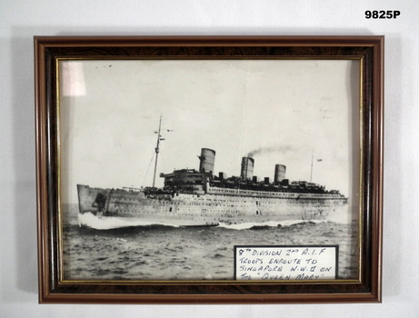 Framed photo of troopship Queen Mary.