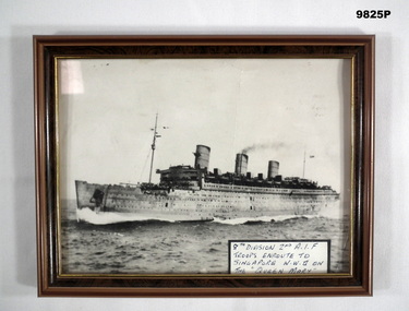 Framed photo of troopship Queen Mary.