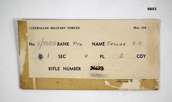 Card for issue of weapons.