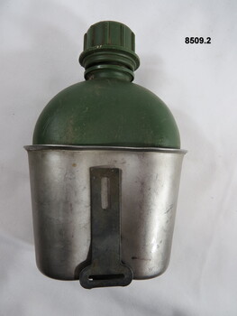 Plastic water bottle and canteen combo.