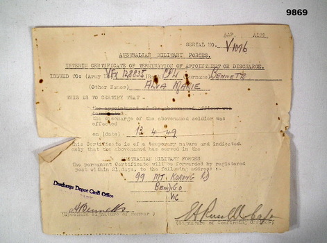 Interim discharge certificate for service personnel.