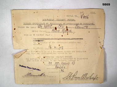Interim discharge certificate for service personnel.