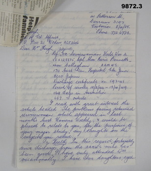 Handwritten letter and Supporting newspaper article.