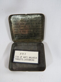 Small pocket size malaria tablet tin.