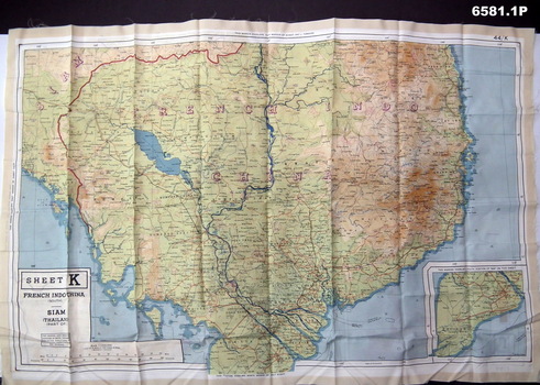 Double sided colour printed maps of Indo China on silk.